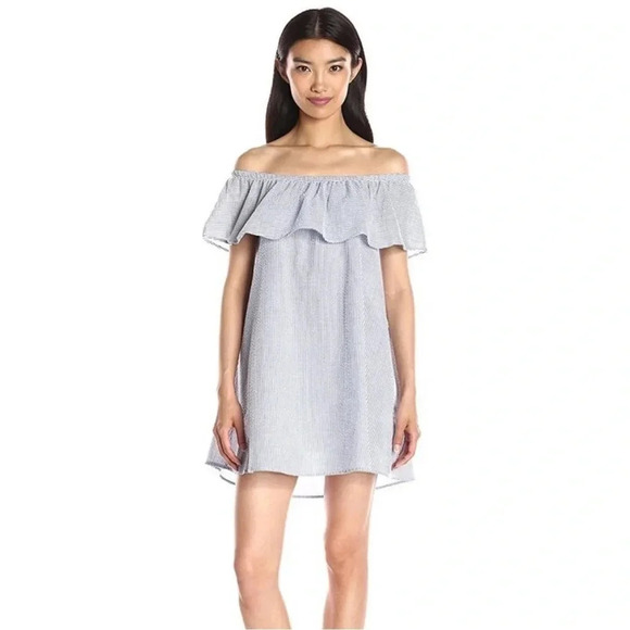 EUC MINKPINK French Twist off the shoulder dress blue and white stripe. Small. - Picture 1 of 7